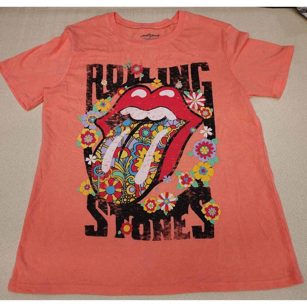 Rolling Stones Floral Tongue Graphic T-Shirt XS Orange Cotton Womens